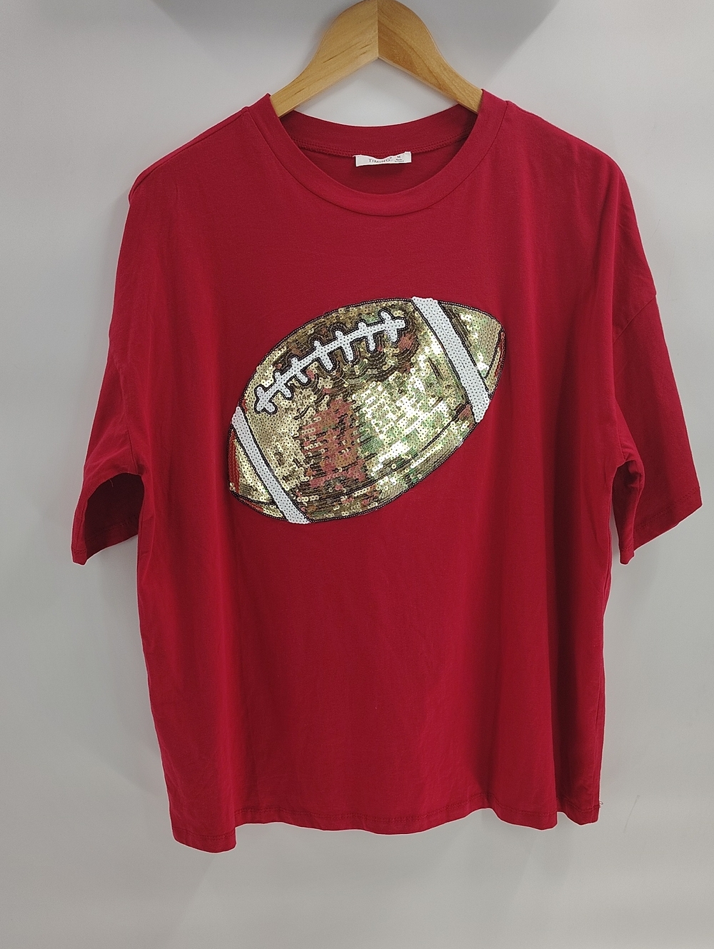 Timing Gameday Football Tee Medium Red Sequins Oversized Relaxed Short Sleeve